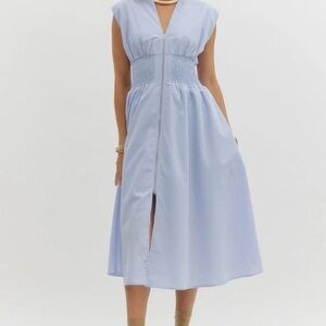 Elegant Cap sleeved, Smocked, Front zip Midi Shirt Dress